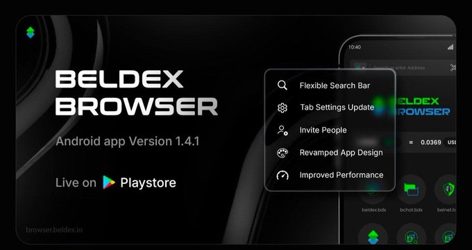 A promotional graphic for 'BELDEX BROWSER', Android app Version 1.4.1, 'Live on Play store', featuring a smartphone screen displaying app features like 'Flexible Search Bar' and 'Improved Performance'.