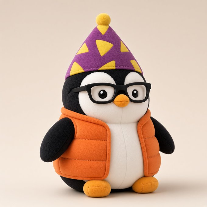 A plush penguin toy wearing black glasses, a purple party hat with yellow triangles, and an orange puffer vest, sitting against a plain cream background.