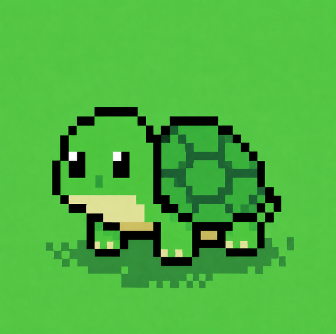Pixel art illustration of a cute green turtle with a beige underbelly against a bright green background.