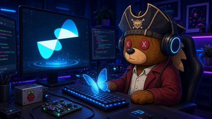 A stylized digital artwork of a pirate teddy bear wearing headphones and X-eyed glasses, working at a computer setup displaying a glowing blue butterfly logo.