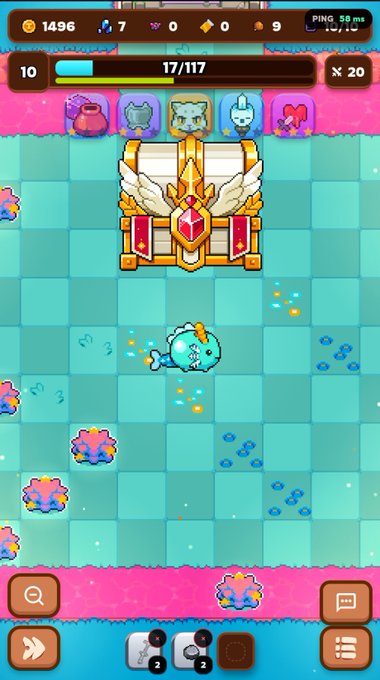A screenshot from a mobile puzzle or strategy game displays a pixel-art character on a blue and green checkered grid, beneath a treasure chest icon and various in-game resources like coins and gems.