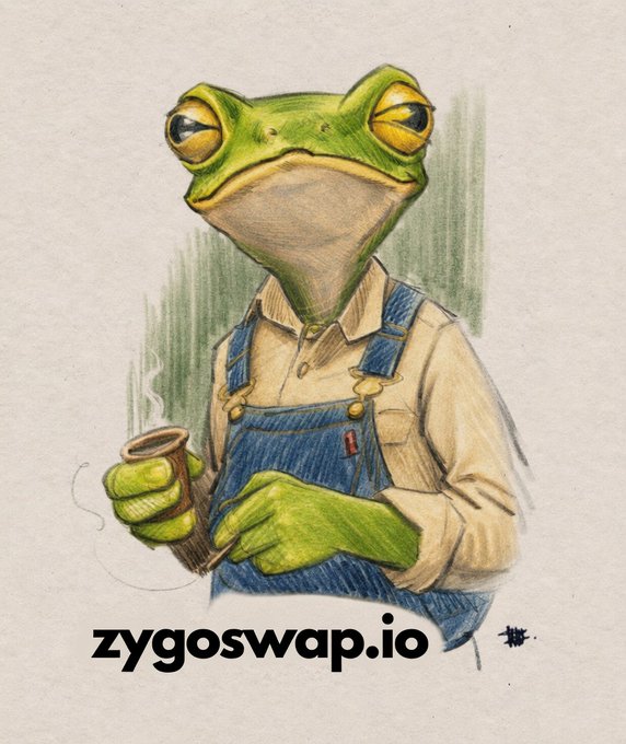 A pencil-style illustration of a green frog wearing denim overalls and a tan shirt, holding a smoking pipe, with 'zygoswap.io' text at the bottom.