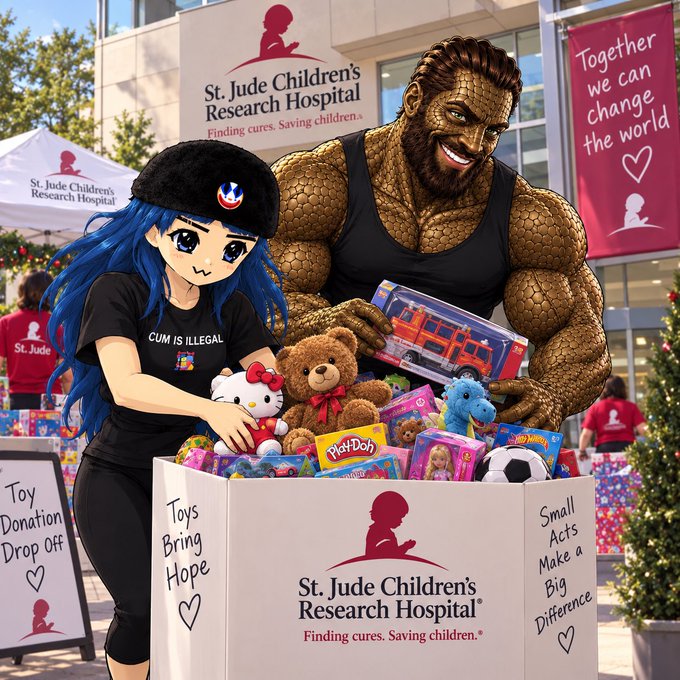 A scene outside St. Jude Children's Research Hospital featuring an anime-styled blue-haired girl and a muscular reptilian creature donating toys.