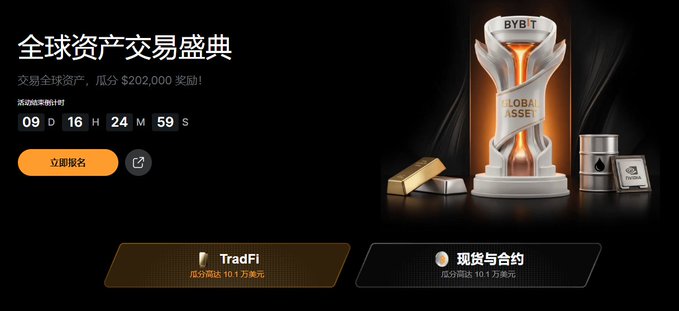 A promotional graphic for 'BYBIT' advertising a 'Global Assets Trading Festival' ('全球资产交易盛典') with a countdown timer showing 9 days, 16 hours, 24 minutes, 59 seconds remaining, featuring TradFi and '现货与合约' (Spot and Futures) options.