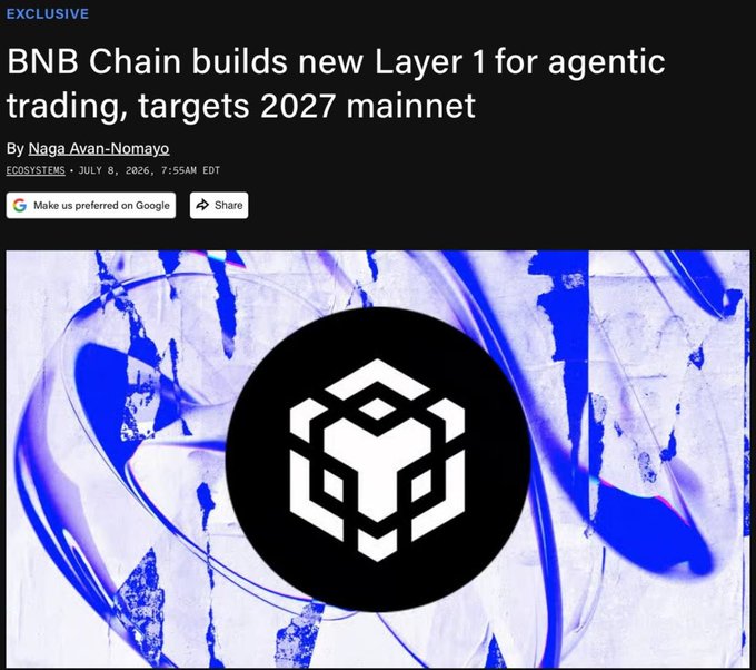 A news article headline reads "BNB Chain builds new Layer 1 for agentic trading, targets 2027 mainnet," with a black circular logo featuring a white hexagonal cube design set against a blue and white marbled background, illustrating the article's announcement about BNB Chain's new AI-focused blockchain.