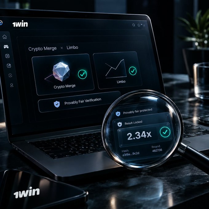A laptop screen displays the '1win' platform showing 'Crypto Merge' and 'Limbo' games with 'Provably Fair Verification' and 'Provably fair protected' text, alongside a magnifying glass highlighting '2.34x'.
