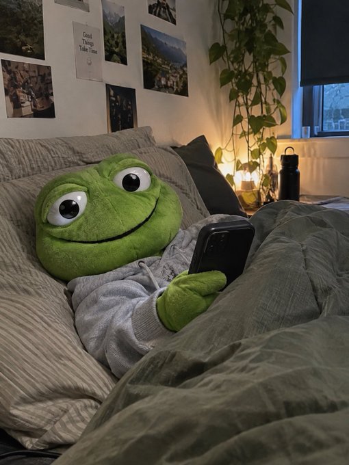 A green Pepe the Frog plush toy wearing a gray hoodie lies in bed under a green blanket, holding a smartphone and looking at the screen in a cozy room with plants and photos on the wall.