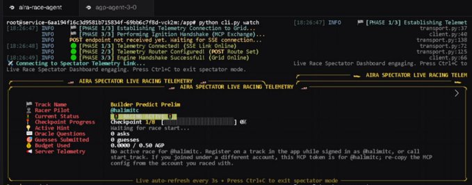 Terminal interface displaying Python HTTP server output for a race agent, with an 'AIRA SPECTATOR LIVE RACING TELEMETRY' panel showing a track named 'Builder Predict PreLim' at @a-limit with 1/8 checkpoints completed and 0 active races.