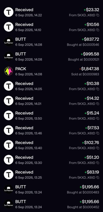A cryptocurrency transaction history on what appears to be a wallet or exchange interface, showing multiple $BUTT token purchases (Bought at $0.000546, $0.000521, $0.000452) and significant $TAO token "Received" rewards totaling over $300 from "5KXD...K61D," along with a large $1,847.38 sale of 2,000,983 PACK tokens—illustrating the post's claim of substantial returns from holding $BUTT with $TAO staking rewards and additional gains on $PACK.