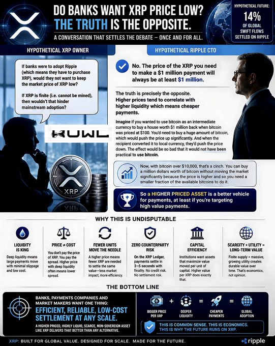 The infographic, titled "DO BANKS WANT XRP PRICE LOW? THE TRUTH IS THE OPPOSITE," uses a hypothetical XRP owner vs. Ripple CTO debate to argue that higher XRP prices benefit banks by ensuring cheaper, more efficient cross-border payments, highlighting a hypothetical future where Ripple captures 14% of global SWIFT flows and emphasizing XRP's liquidity, low price ≠ cost, and near-zero counterparty risk. This directly supports the post's points by reinforcing that institutions favor higher-priced, liquid XRP as a reliable bridge asset with minimal counterparty risk, ultimately driving global adoption.