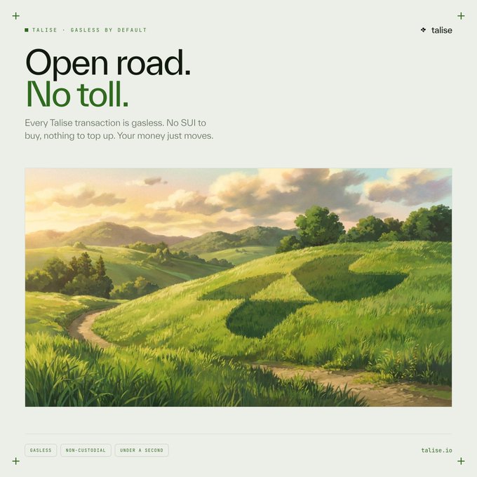 A promotional webpage for 'Talise' with the headline 'Open road. No toll.' describes gasless transactions and features an anime-style illustration of a green grassy landscape with a winding path, tagged with 'GASLESS', 'NON-CUSTODIAL', and 'UNDER A SECOND'.