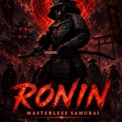 A dark, fiery digital artwork depicts a menacing samurai in full armor holding a katana, flanked by shadowy warrior figures beneath a blood-red moon and Japanese pagoda, with the bold text "RONIN" and "MASTERLESS SAMURAI" displayed prominently. The image visually amplifies the post's bullish $RONIN message, using the fierce samurai imagery to evoke themes of battle, strength, and an unstoppable rise toward a 10M market cap.