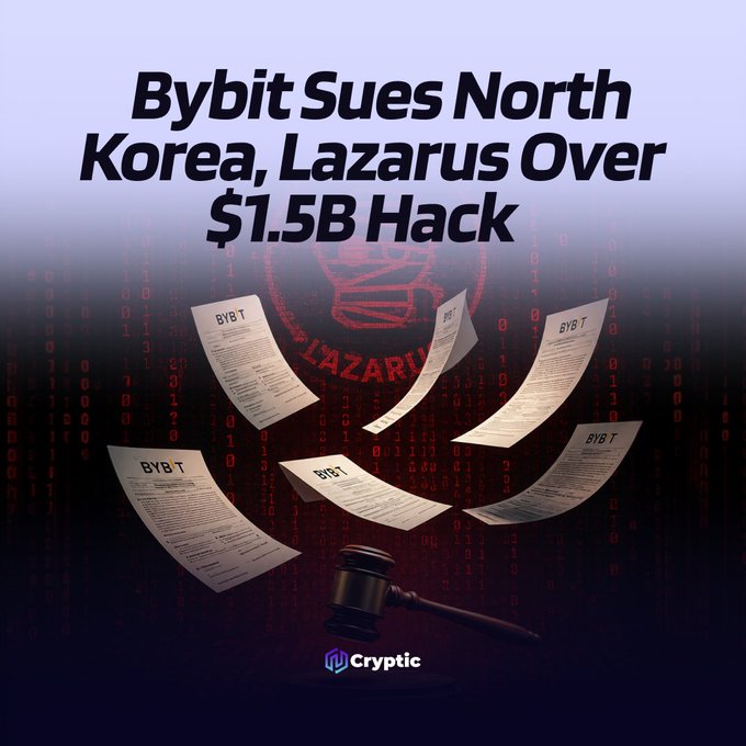 The image features a graphic with the headline "Bybit Sues North Korea, Lazarus Over $1.5B Hack," depicting floating legal documents marked "BYBIT," a judge's gavel, a red "Lazarus" stamp, and a binary code background, visually illustrating Bybit's legal action against North Korea and the Lazarus Group for the $1.5 billion hack.
