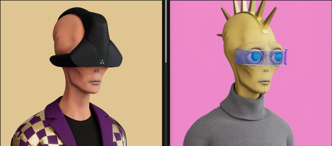Two 3D-rendered avatars are displayed side by side: on the left, a human figure wearing a black VR-style headset and a purple checkered jacket; on the right, a golden-skinned alien-like figure with spikes on its head wearing blue visors and a gray turtleneck.