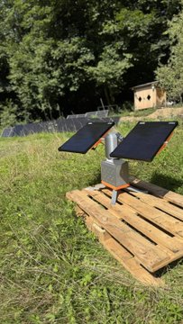 A small solar-powered device mounted on a wooden pallet in a grassy outdoor area with trees in the background.