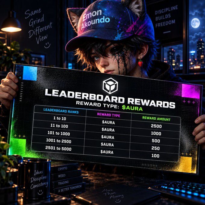 An anime-style illustration of a character with cat ears and a cap labeled 'Emon Akoundo' holding a 'LEADERBOARD REWARDS' sign for '$AURA', listing ranks 1 to 5000 with corresponding reward amounts from 2500 down to 100.