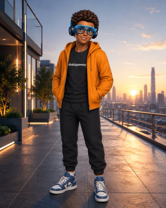 A young man wearing blue headphones, glasses, and a 'Abdulgateway' t-shirt under an orange hoodie stands on a rooftop at sunset with a city skyline in the background.