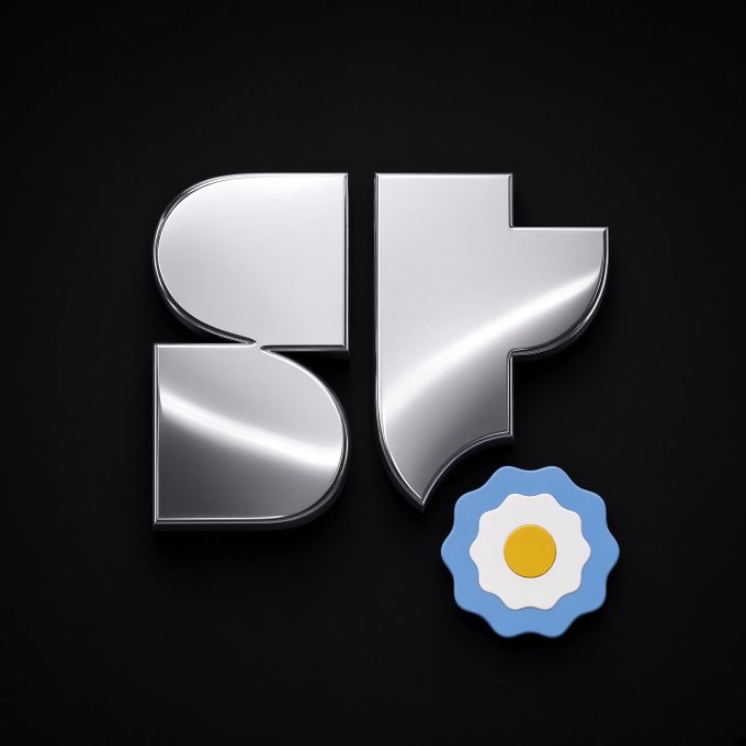 A 3D metallic silver 'SF' logo with a small fried egg graphic on the bottom right, set against a black background.