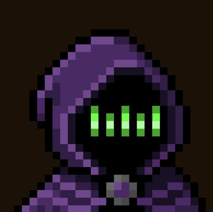 A pixel art hooded figure with glowing green bars resembling a sound wave or equalizer where a face would be, evoking a mysterious, tech-savvy persona tied to the "Chain Mancer" reference in the post. The cloaked, anonymous appearance complements the post's framing of an early-stage crypto project ("MancerXYZ" DEX) as still hidden and unexposed.