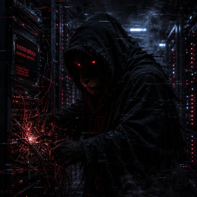 A hooded figure with glowing red eyes hacks into a server, with a monitor displaying "SYSTEM BREACH" and "SABOTAGE INITIATED," symbolizing the ominous warning of increased costs for Lazy Cub rerolls issued by Glitch.
