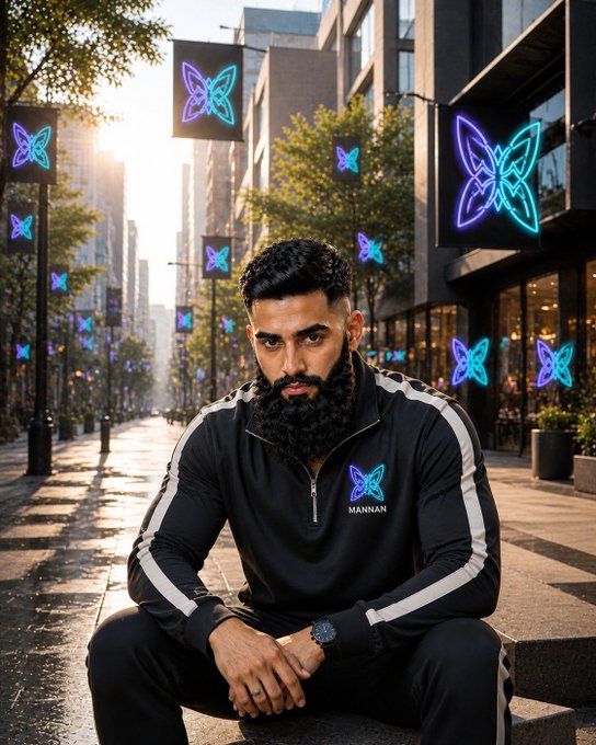 A man with a dark beard wearing a black tracksuit with white stripes sits on urban steps, with neon purple and blue butterfly logos displayed on banners around him and on his chest.