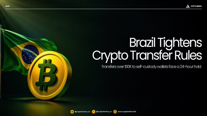 A news graphic from CRYPTO MINERS titled "Brazil Tightens Crypto Transfer Rules" with the subtitle "Transfers over $10K to self-custody wallets face a 24-hour hold." The image shows a Brazilian flag alongside a golden Bitcoin coin.