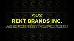 Graphic with a yellow lightning pattern background displaying the text 'rekz REKT BRANDS INC. ANNOUNCES REKT GEM PURCHASES' in yellow lettering.