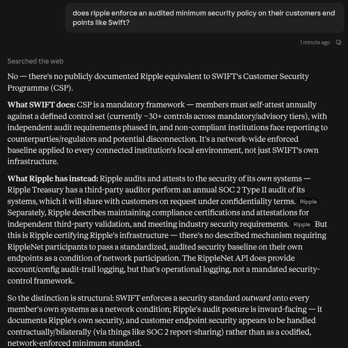 A screenshot of a chat response answering the question 'does ripple enforce an audited minimum security policy on their customers end points like Swift?' with a detailed explanation comparing SWIFT's CSP to Ripple's inward-facing audit posture.