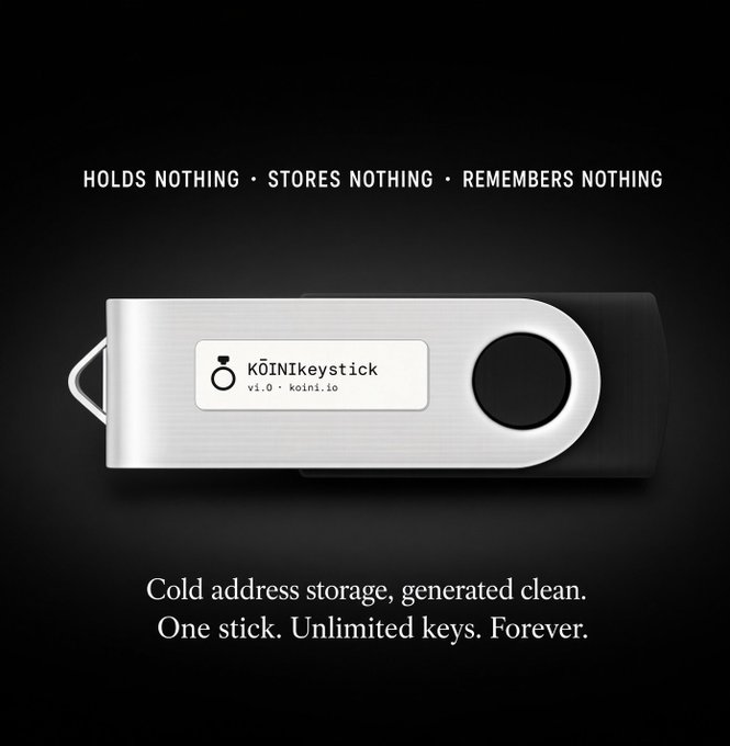 An advertisement for a 'koinikeystick' (v1.0 · koin.io), a silver hardware wallet promoting 'Cold address storage' with the tagline 'HOLDS NOTHING · STORES NOTHING · REMEMBERS NOTHING.'