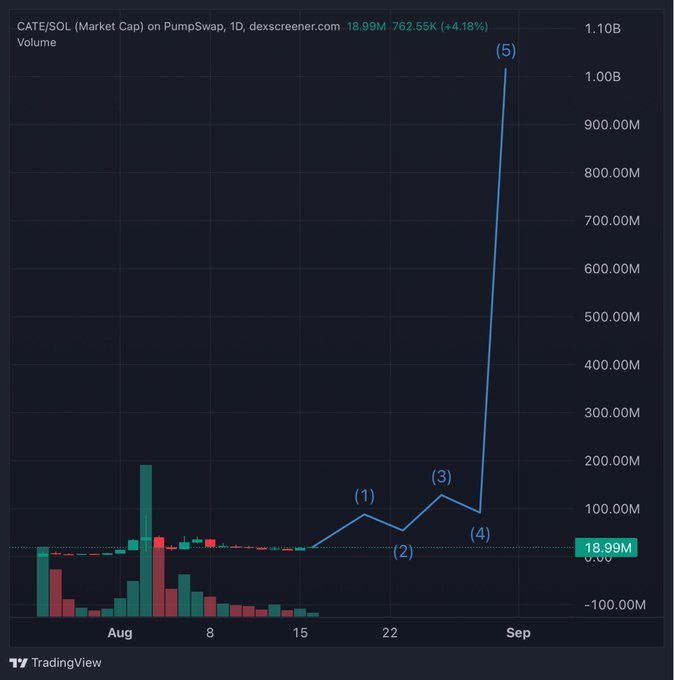 A daily chart of $CATE/SOL on PumpSwap via DexScreener shows market cap climbing from around 60M to a peak of 1.10B (5) before settling at 18.99M (762.55K SOL, +4.18%), supporting the bullish long-term thesis that the token could return to its all-time high.