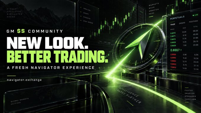 A promotional banner for GM $$ Community advertising a 'New Look. Better Trading.' experience on navigator.exchange, featuring a dark background with green and black design elements, trading screens, and a glowing compass-like logo.