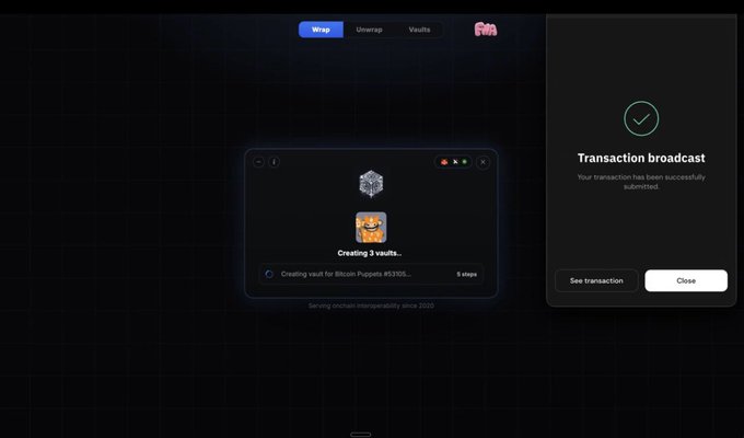A screenshot of a cryptocurrency wallet interface showing 'Creating 3 vaults' for 'Bitcoin Puppets #5305' with a 'Transaction broadcast' success confirmation panel.