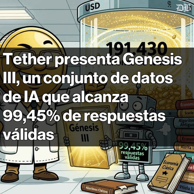 An illustrated graphic with Spanish text announcing 'Tether presenta Genesis III, un conjunto de datos de IA que alcanza 99,45% de respuestas válidas', showing a scientist character with a robot.