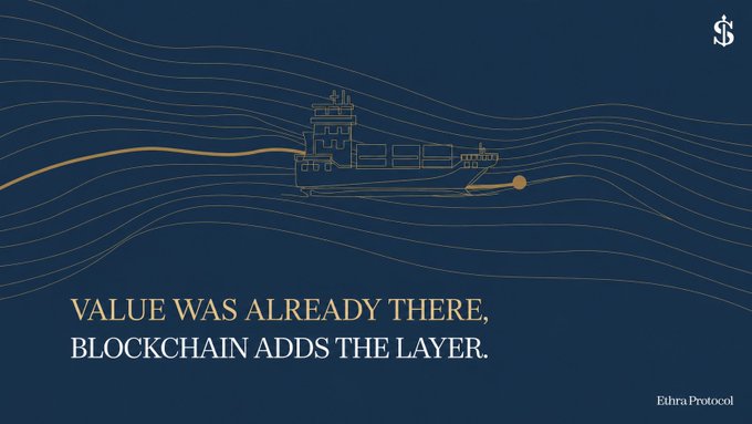 An Ethra Protocol promotional graphic with the tagline 'VALUE WAS ALREADY THERE, BLOCKCHAIN ADDS THE LAYER.' featuring a line-art ship and cargo.