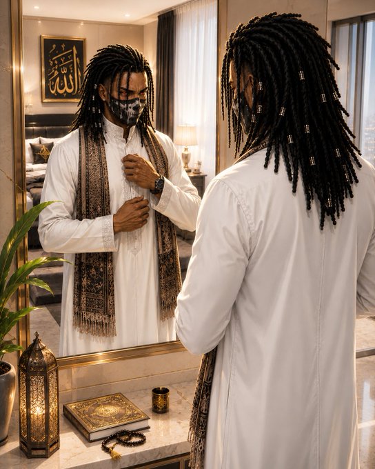 A man with long dreadlocks wearing a white traditional robe and decorative scarf adjusts his attire while looking into a mirror, with Islamic calligraphy artwork on the wall and prayer beads on the counter.