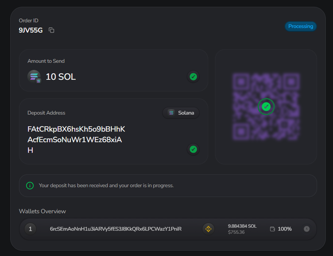 A crypto transaction screen showing Order ID 9JV55G for sending 10 SOL to a Solana deposit address (FAtCRkpBX6hsKh5o9bBHhKAcfEcmSoNuWr1WEz68xiAH), currently marked as "Processing" with a message confirming the deposit has been received. A wallet overview displays a balance of 9.884384 SOL ($755.36) at 100% capacity, aligning with the post's claim of sending 10 SOL.