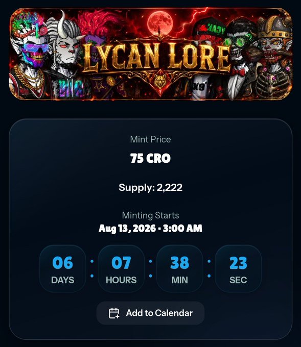 A 'Lycan Lore' NFT/cryptocurrency minting page showing a banner with various werewolf and monster characters, listing a mint price of 75 CRO, supply of 2,222, and a countdown timer starting August 13, 2026.