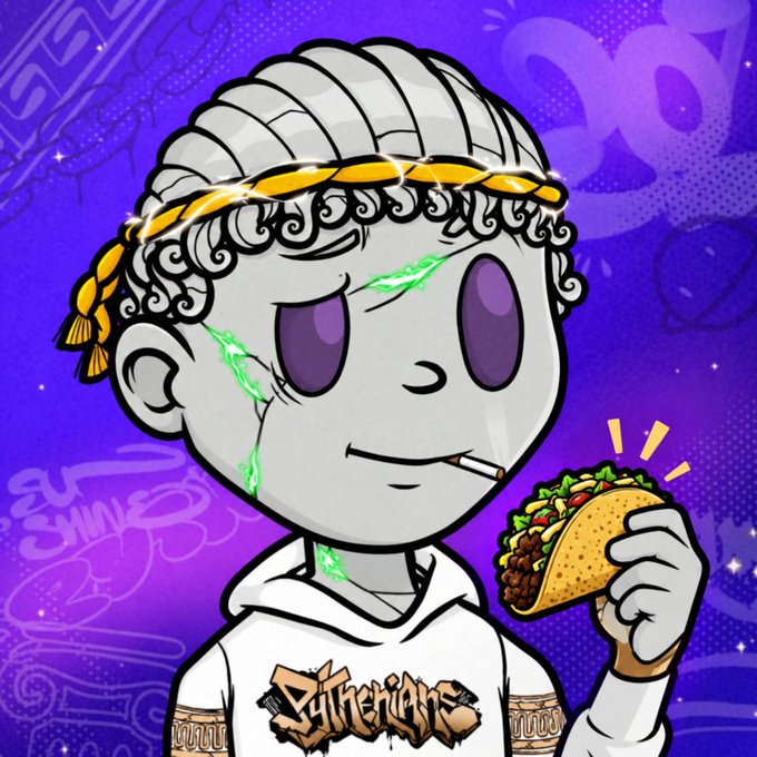 A cartoon-style NFT illustration of a grey-skinned character with purple eyes, wearing a laurel wreath and a hoodie, holding a taco against a purple background with star-like sparkles.