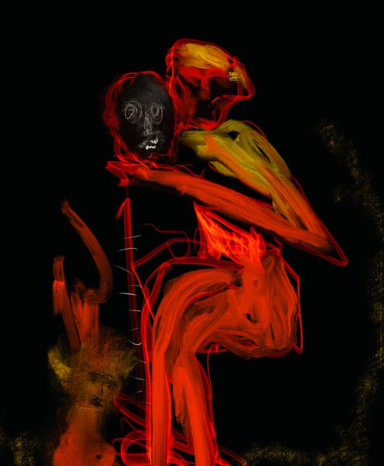 An eerie, sketchy red-toned illustration of a skeletal, elongated figure with a skull-like face against a black background, with a faint face visible at the bottom left.