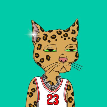 An illustrated cartoon leopard character with half-closed eyes, an earring, and a chain necklace wears a basketball jersey with the number 23 against a teal background.