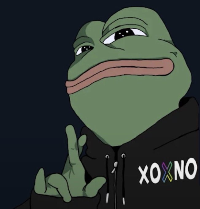 A drawing of the Pepe the Frog meme character wearing a black hoodie with 'XOXNO' printed on it, gesturing with his hand.