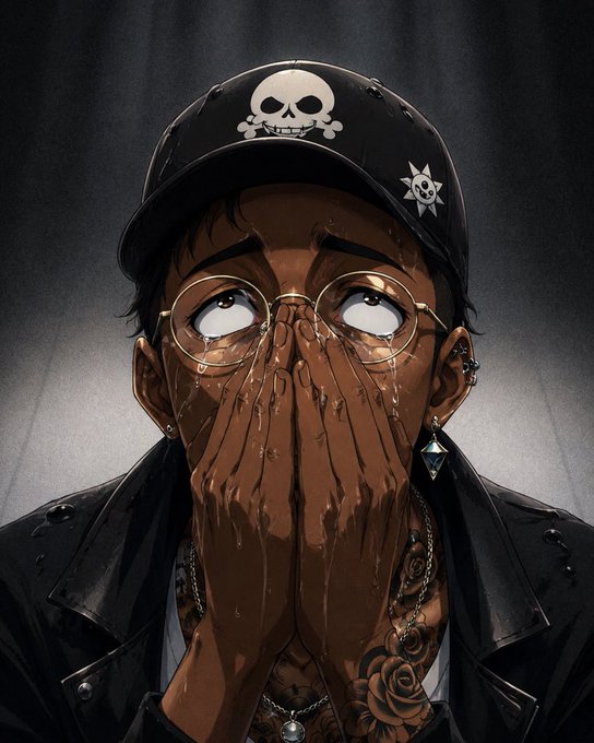 An illustrated portrait of a person wearing a black cap with skull motifs and round glasses, covering their mouth with both hands.