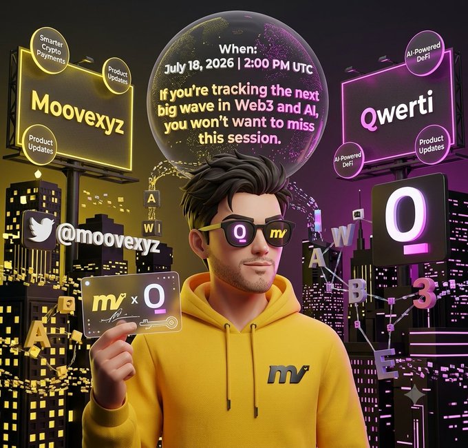 Promotional graphic for a Web3/AI session scheduled for July 18, 2026, at 2:00 PM UTC, featuring the Moovexyz and Qwerti brands, AI-Powered DeFi, and crypto product updates.
