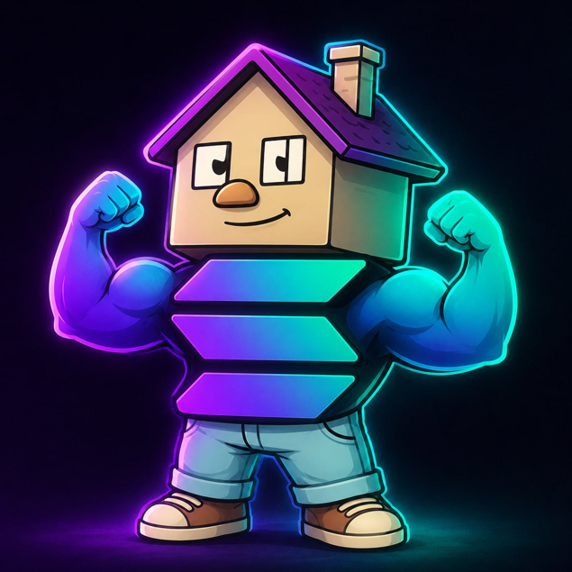 Cartoon illustration of a muscular house-headed character flexing its biceps, with a glowing neon gradient body on a dark background.