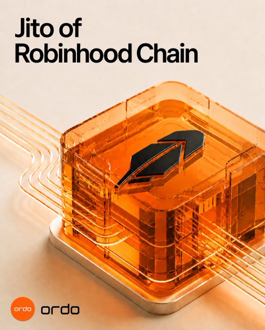 A stylized orange 3D-rendered cube with a lightning bolt symbol sits on a beige surface, accompanied by the text "Jito of Robinhood Chain" and the "ordo" logo. The image visually represents Ordo's enhanced execution infrastructure, symbolizing the speed and verifiable on-chain transaction receipts mentioned in the post.