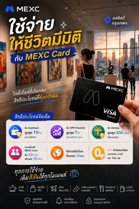 An advertisement for the MEXC Card, a Visa Platinum crypto card, featuring Thai text promoting a 10% cashback offer on shopping, 7% APR rewards, and a 300 USDT airdrop, with sections detailing features for shopping, travel, and entertainment.