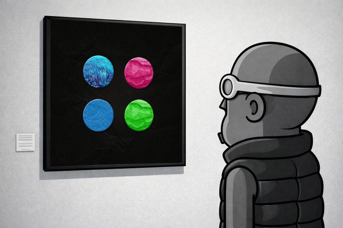 An illustration of a gray character wearing goggles and a puffer jacket viewing a framed artwork with four crumpled colored paper circles (blue, pink, blue, green) on a white gallery wall.