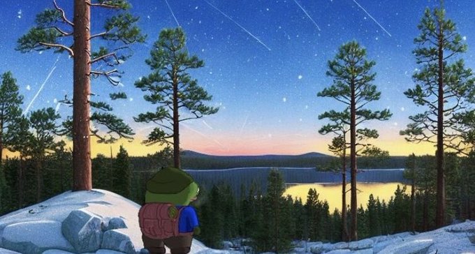 An animated illustration shows a hiker with a red backpack looking out over a vast forest and lake at twilight. The sky above is blue and filled with stars and multiple shooting stars.