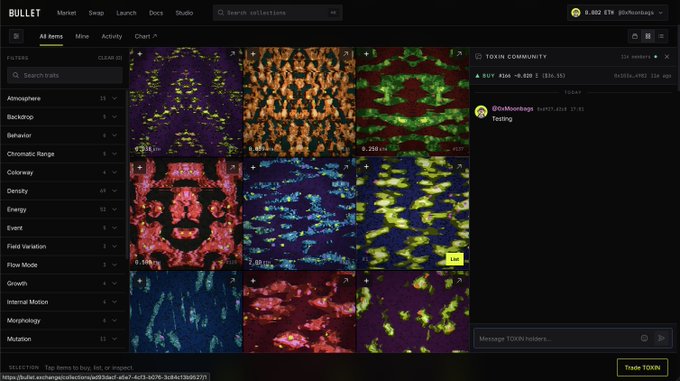 A screenshot of the 'BULLET' marketplace interface showing various NFT-style collections with colorful abstract artwork, including a '$TOKIN COMMUNITY' panel displaying a buy order of 0.4502 at $0.328 for $36.55.