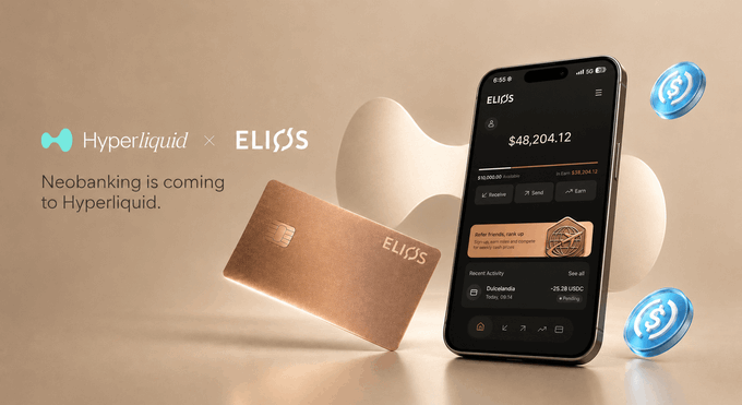The promotional image displays the Hyperliquid and Elios logos alongside a leather card and a smartphone showing the ELIOS app interface with a balance of "$48,204.12," visually announcing Elios's upcoming self-custodial neobanking integration on Hyperliquid.